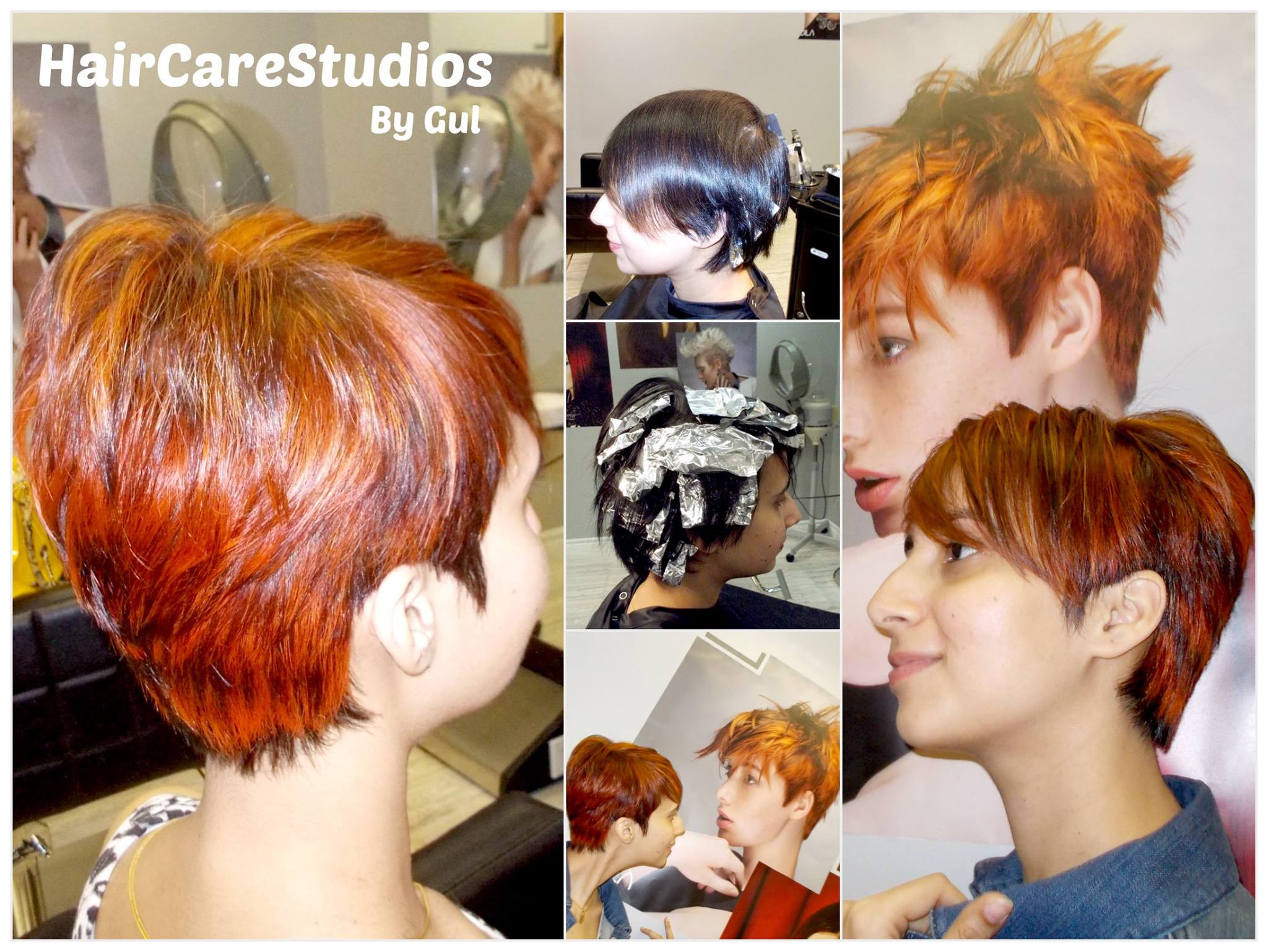 Vivid copper pixie cut transformation collage showing multiple angles of the finished style