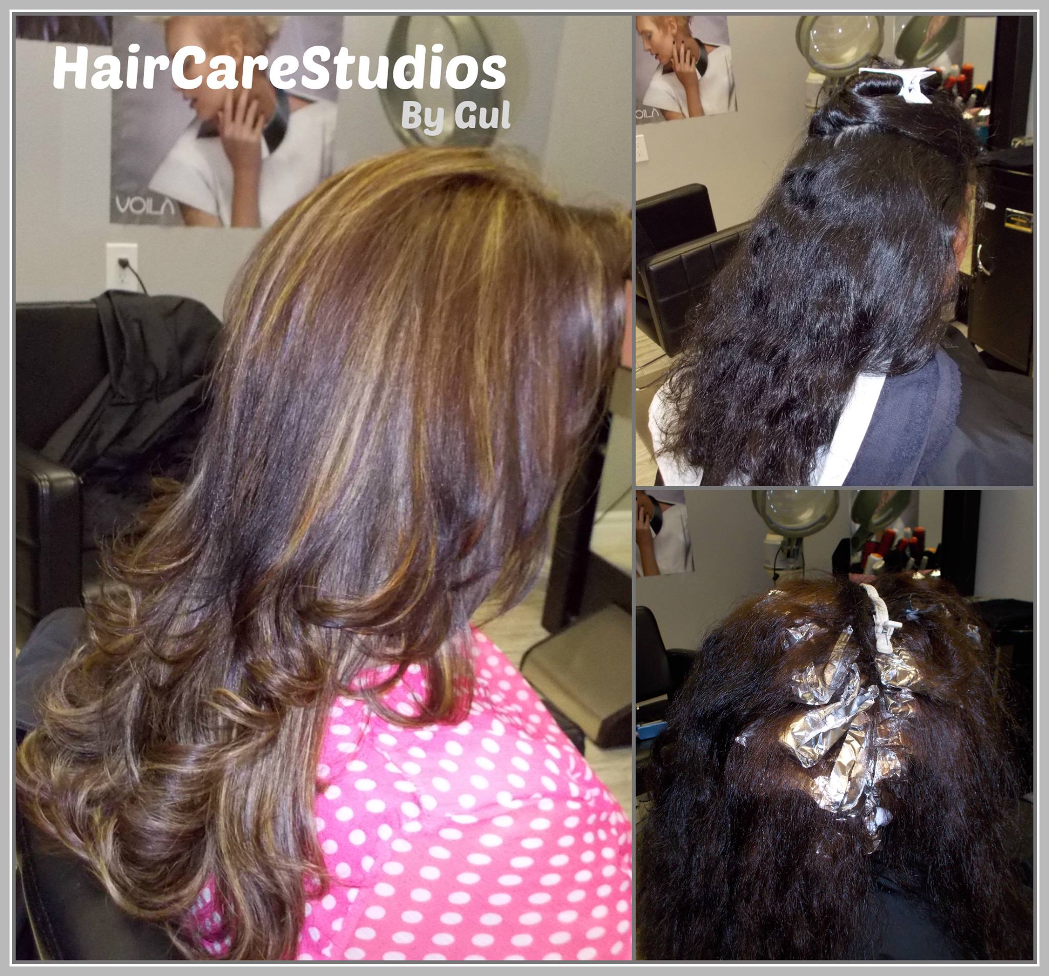 Before and after highlights transformation with rich brunette and caramel tones